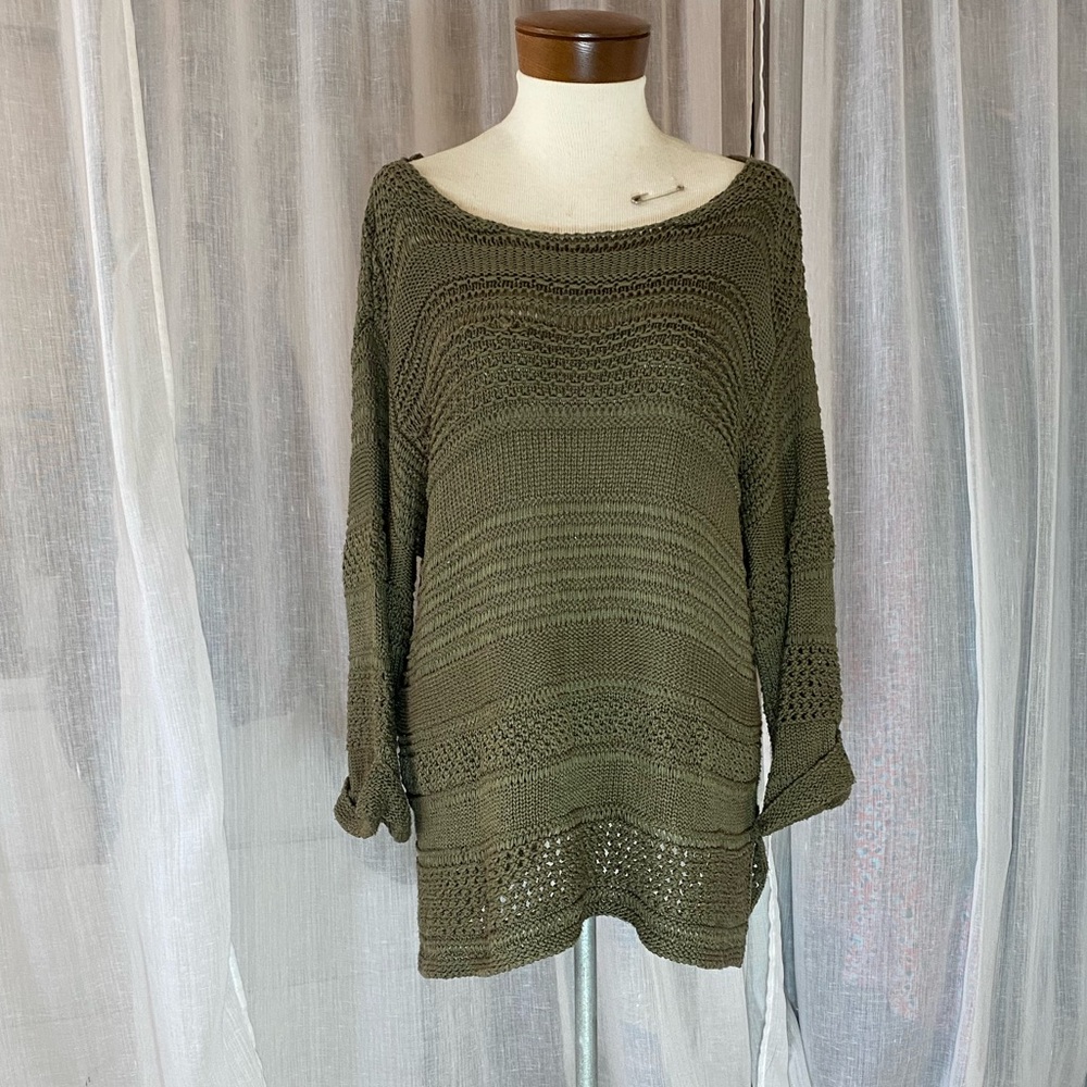 Crochet Knit Tunic Sweater Size M  Cotton Olive Green